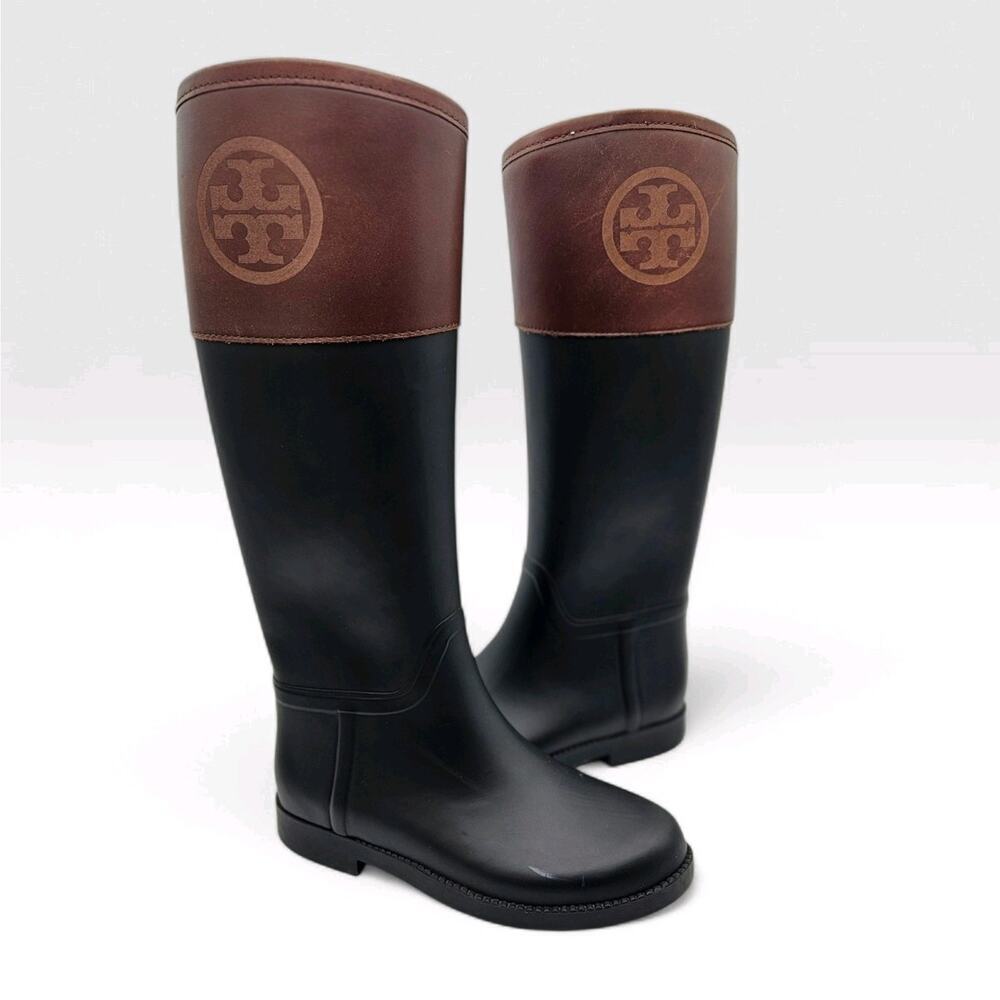 Tory Burch Diana Rain Boot Black Rubber Brown Leather Riding Boots Logo Sz 6